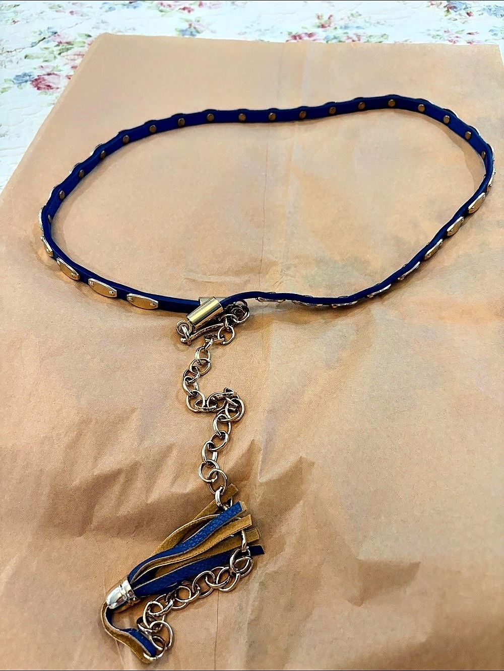 Blue Studded Chain Tassel Belt